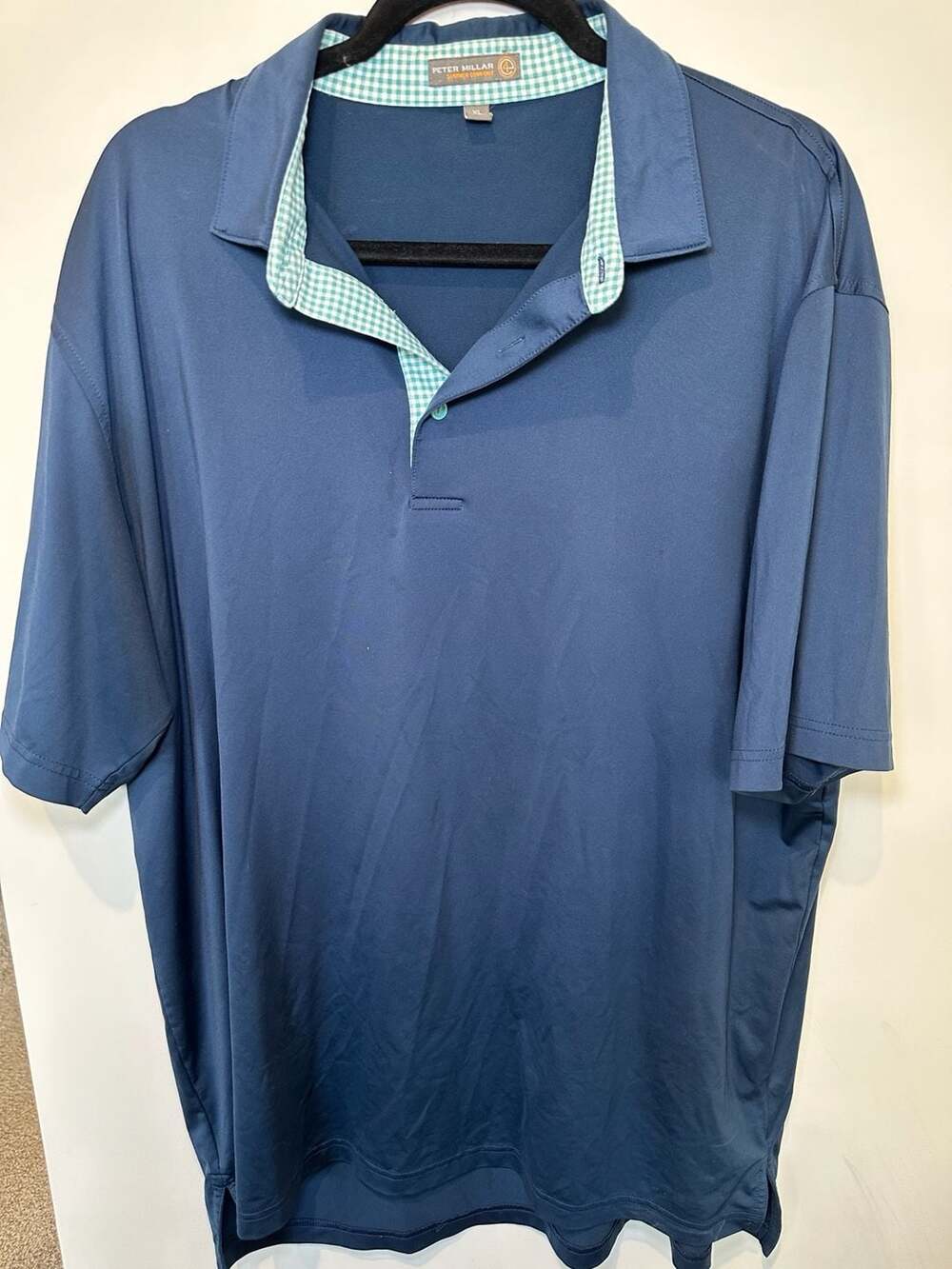 Peter Millar Summer Comfort A4 Performance Golf Polo Navy Blue XL Gingham Collar - Picture 3 of 5